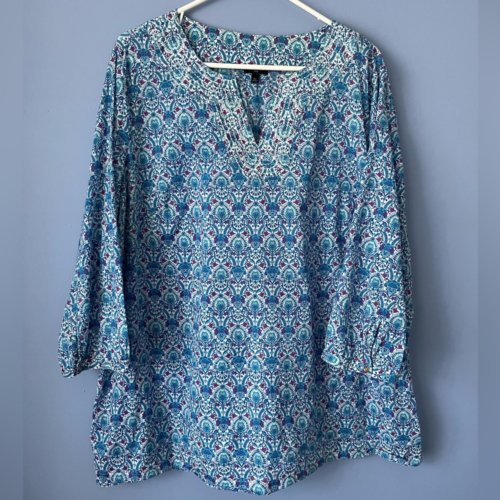 Talbots Embroidered Split Neck Tunic Top Printed 3/4 Sleeve 2X